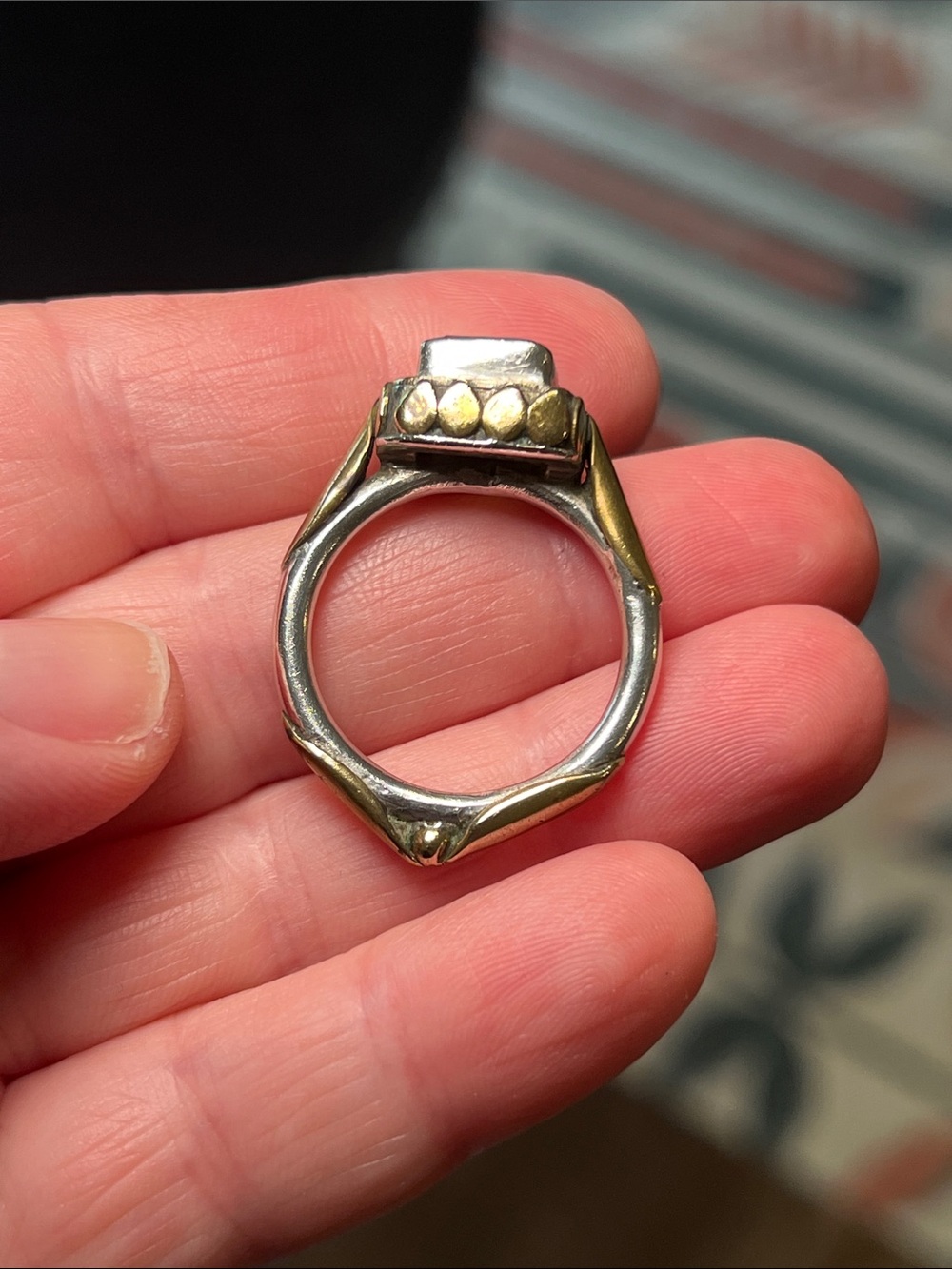 VTG Etruscan Style Gold Brass Petal Sterling Silver Emerald Cut Citrine Ring - Picture 4 of 9